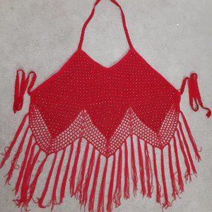 Red Rhinestone Fringed Halter Top